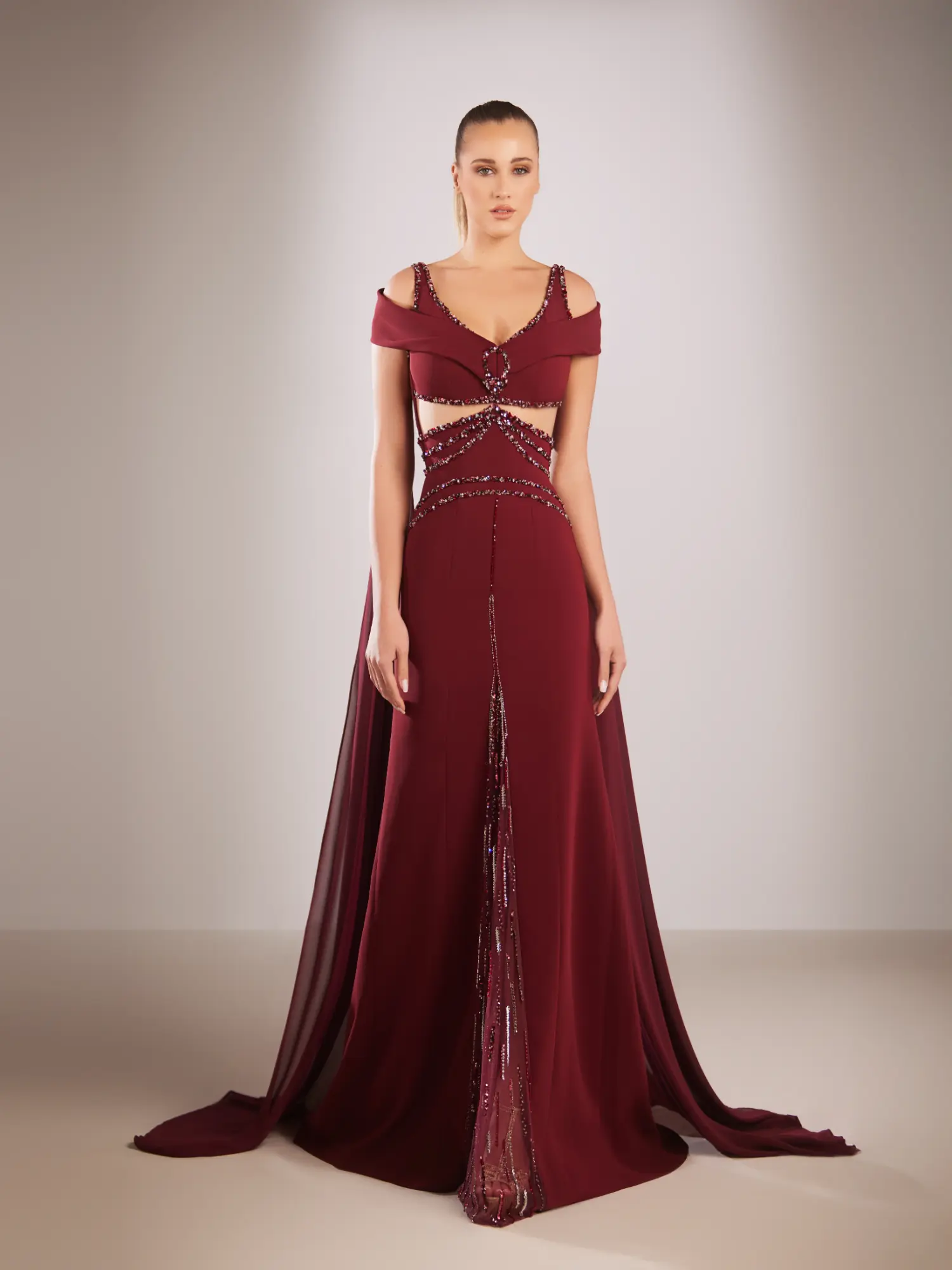 FW186 - Burgundy crepe dress with off-shoulder strapsBurgundy US 01