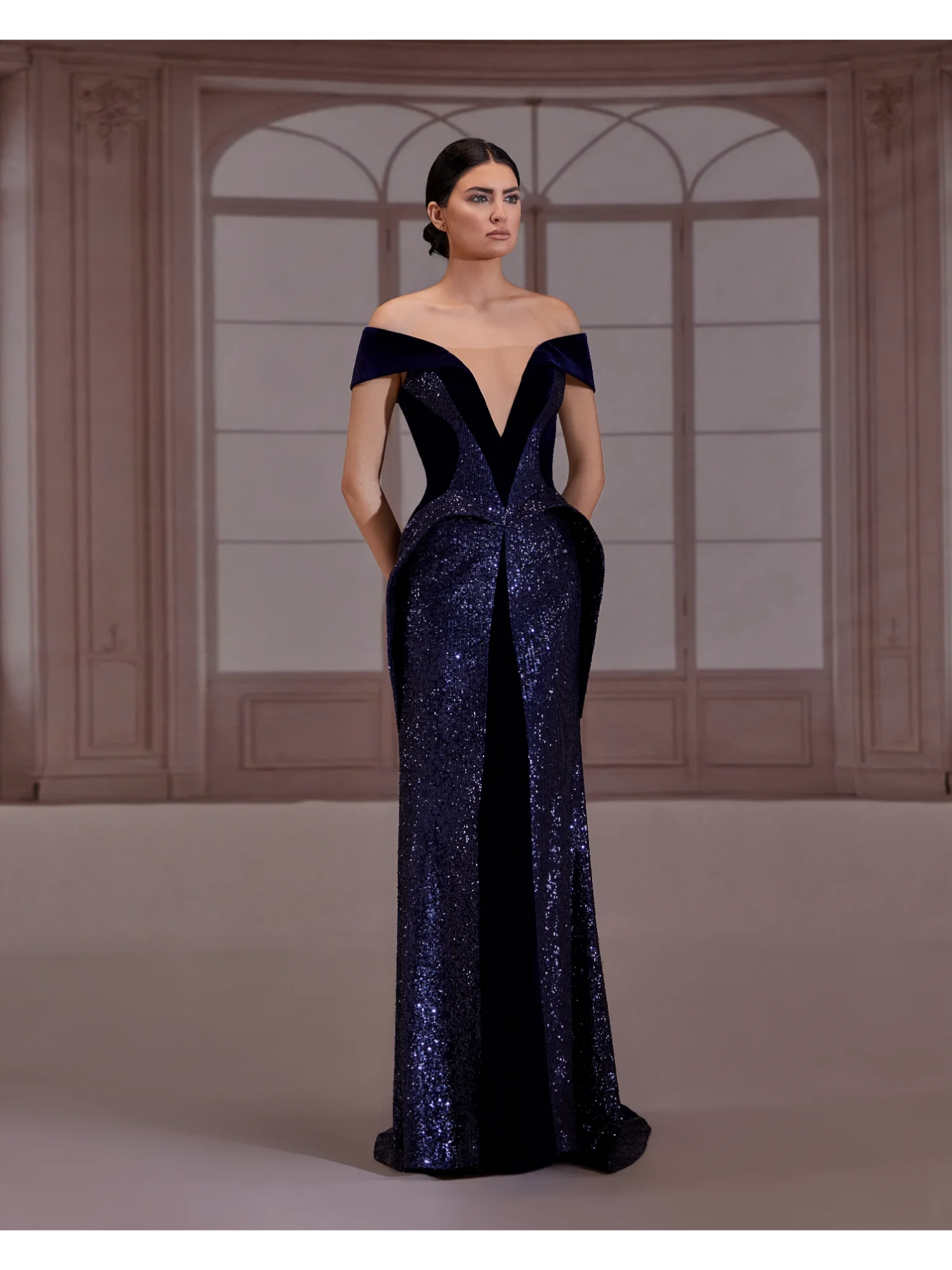 fw264-navy blue dress with a plunging off-the-shoulder necklinenavy Blue US 01