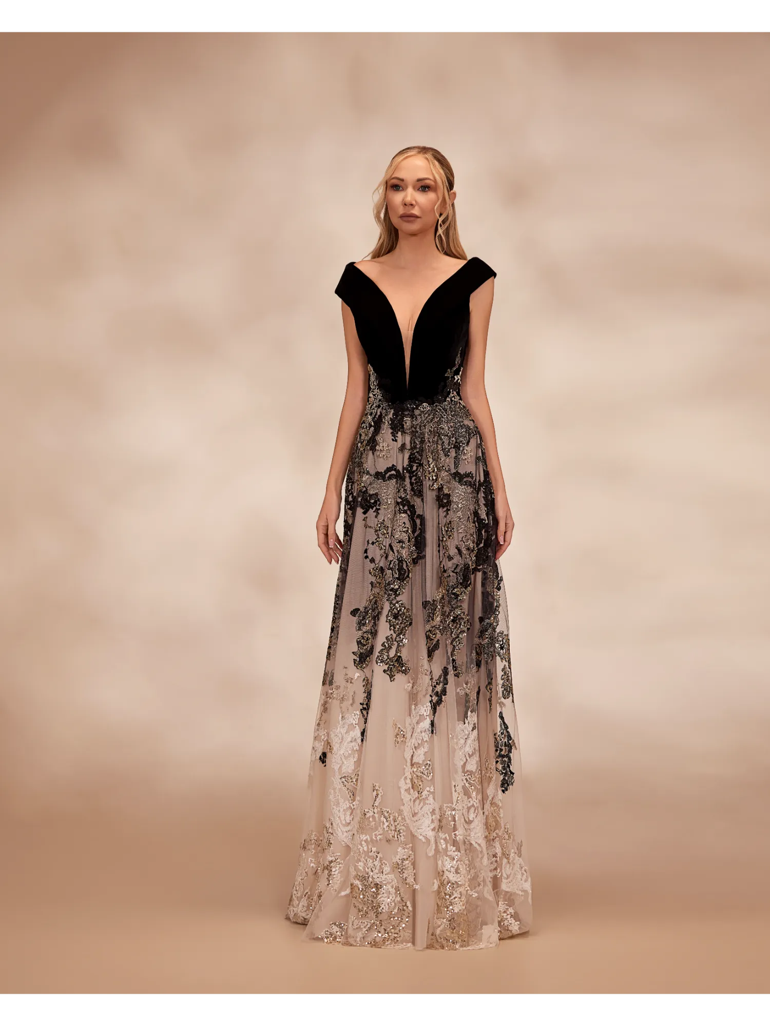 RTW8-Black and white dress featuring a velvet bodice with plunging V-neck and wide off-the-shoulder strapsBlack and White US 01