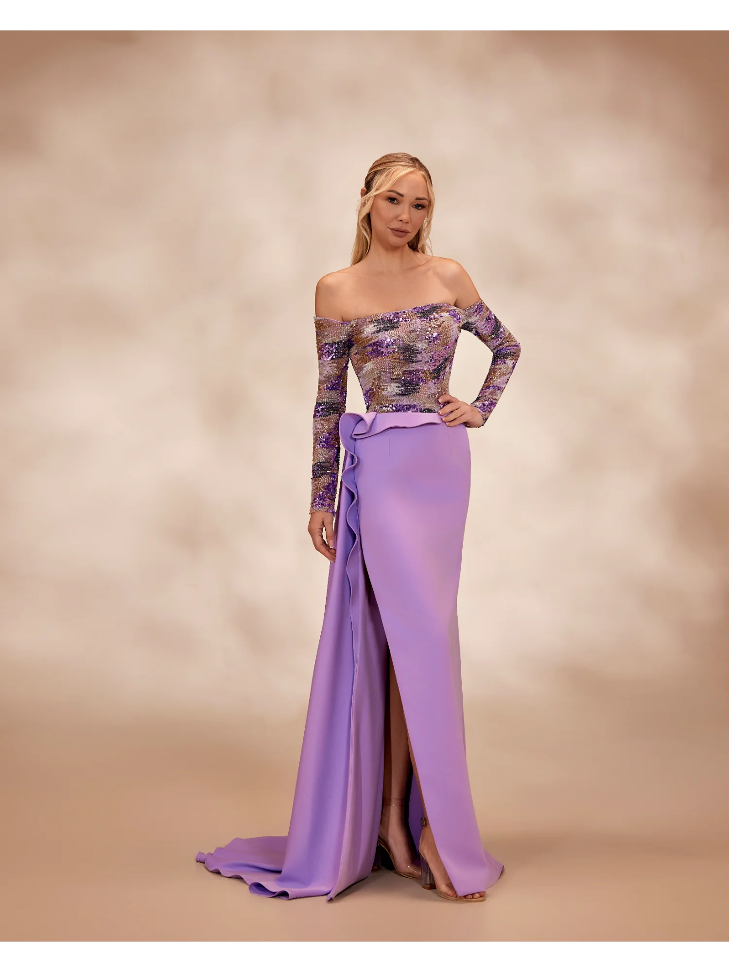 RTW24- Lavender dress with off-the-shoulder long-sleeve bodice adornedLavender US 01