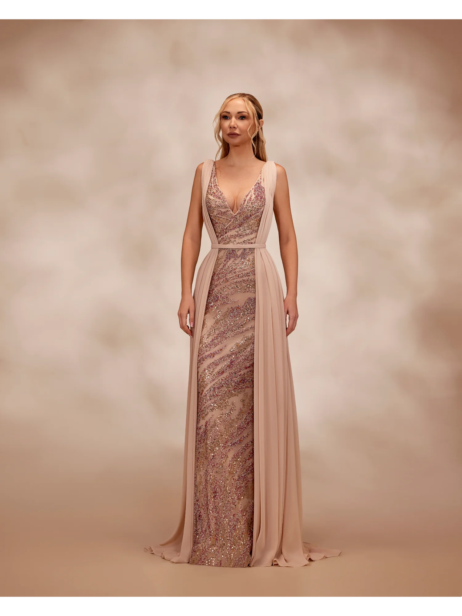 RTW26- Nude dress with a plunging V-neckline with multicolor beadingNude US 01