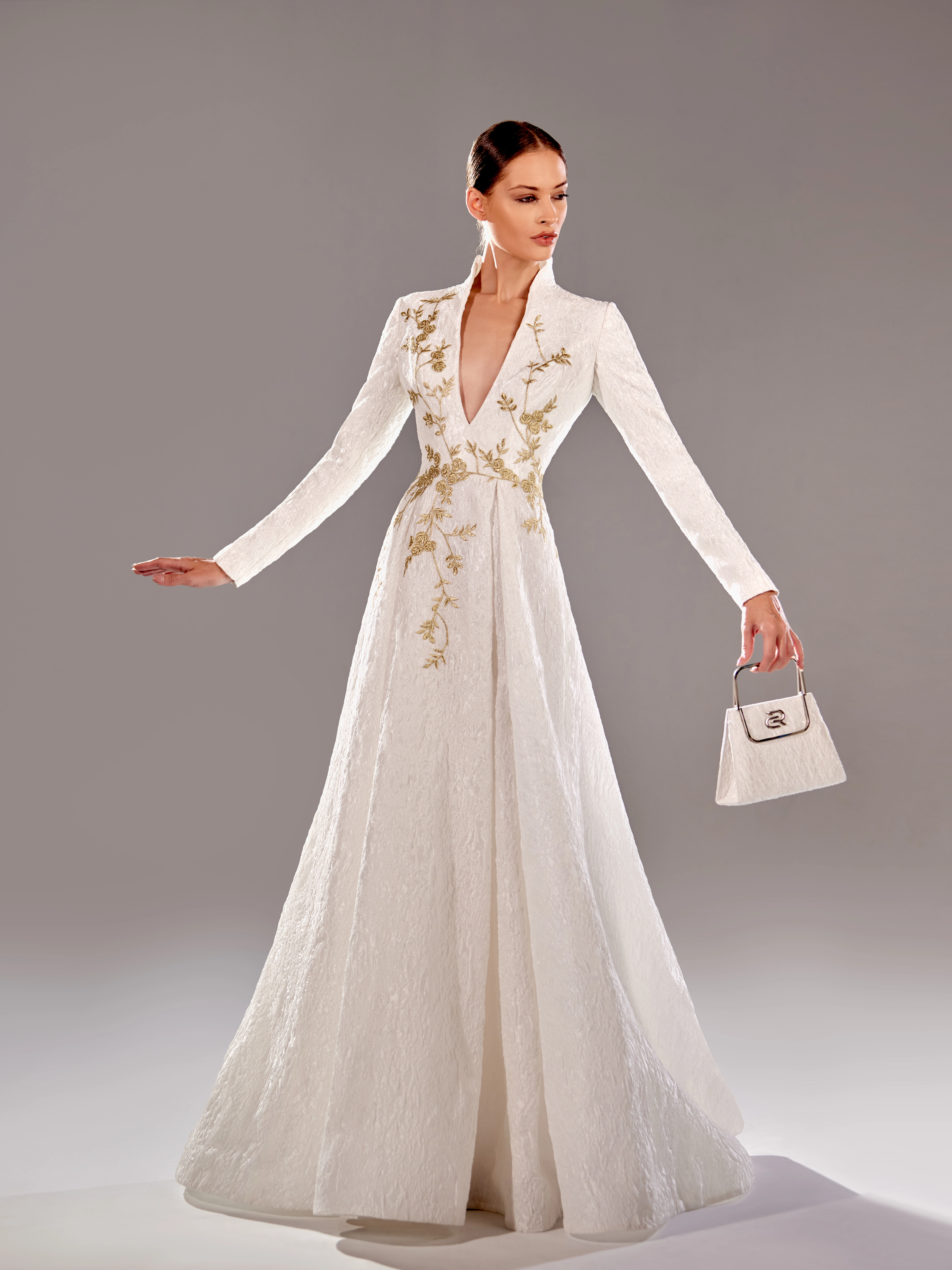 SS 75 -Offwhite Brocade With Gold EmbroideryUS 01 White